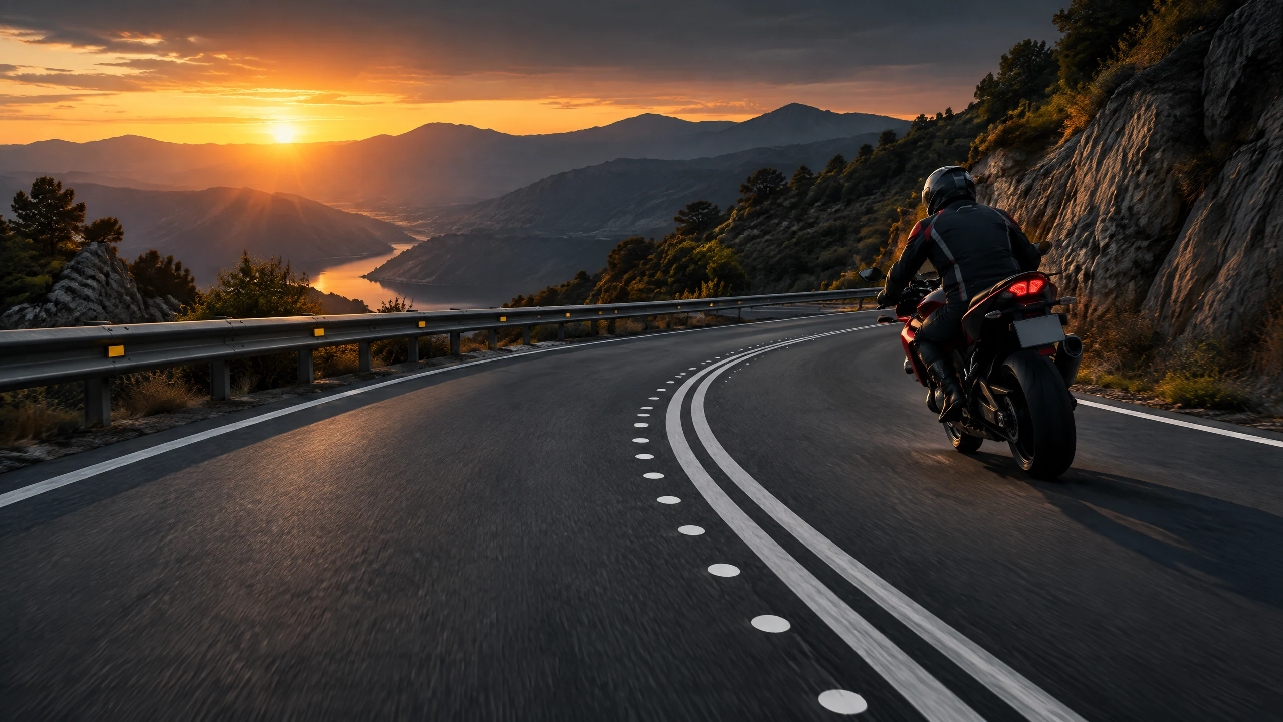 Carretera de montaña con círculos blancos de la DGT y una motocicleta tomando una curva