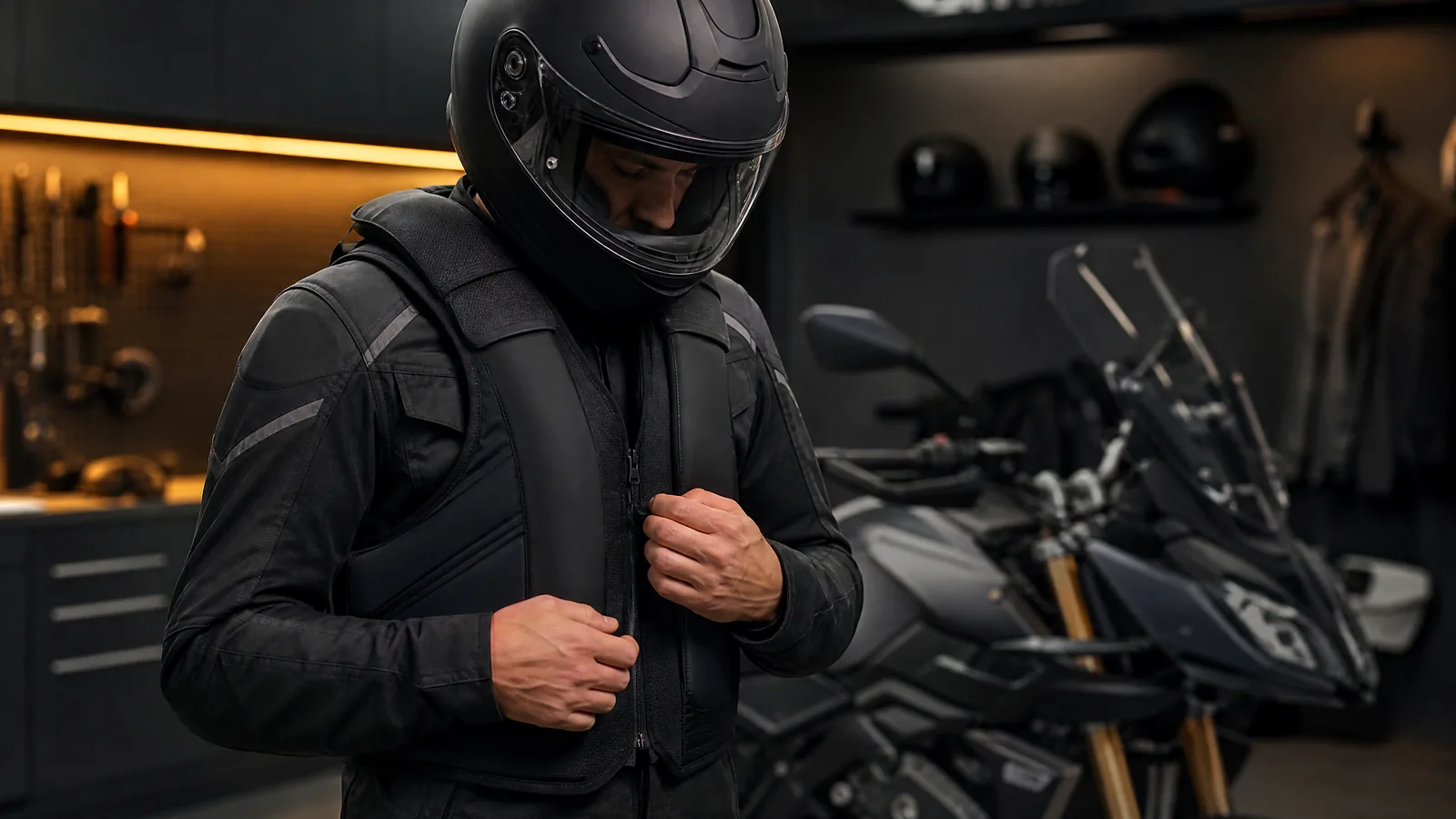Ilustración editorial de Automifya: Airbag para moto homologado: cómo comprobar que un sistema es legal y adecuado