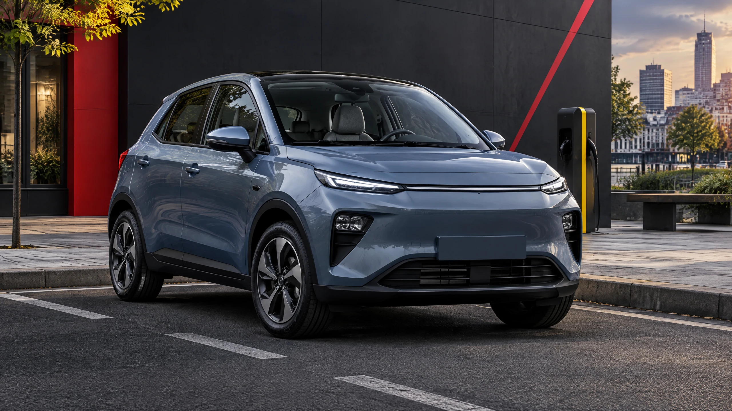 Utilitario eléctrico compacto Geely E2 junto a un punto de recarga urbano